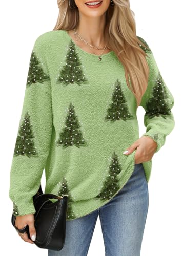 GUNEST Womens Christmas Sweater Oversized Chunky Warm Soft Cute Fuzzy Crewneck Long Knitted Pullover Tunic Sweater Tree S
