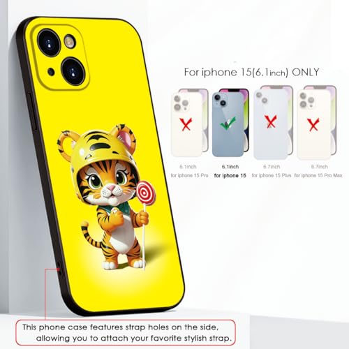 Printed with Cute Tiger for iPhone 15 Case - Cartoon Helmet Tiger with Lollipop Design | Shockproof Slim Cover | Fun & Protective Case, for Girls & Women (B1-Cartoon Cute Tiger)