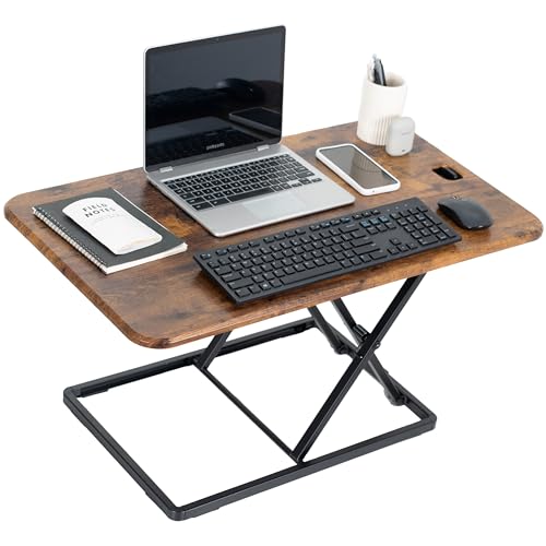 Image of VIVO Ultra-Slim 32 Inch Single Top Height Adjustable Standing Desk Riser, Compact Sit Stand Desktop Converter for Monitor or Laptop, Vintage Brown, DESK-V032JN
