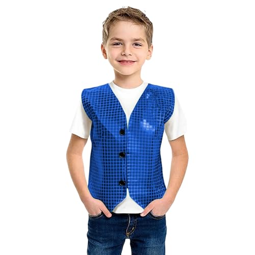 Generisch 2026 Chaleco de niño inspirado en carnaval con apliques de lentejuelas cuadrados de patchwork para actuaciones escénicas y fiestas, azul, 13-14Years