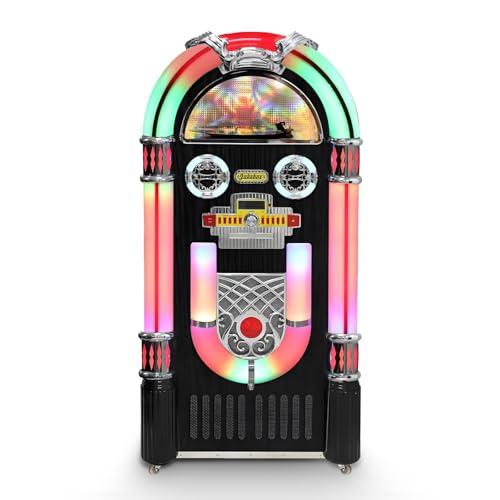 Walnut Full Size Retro Jukebox Machine with Bluetooth, Vinyl Record & CD Player | FM Radio, LED Lights & Remote Control for Home Bar Entertainment(Black)