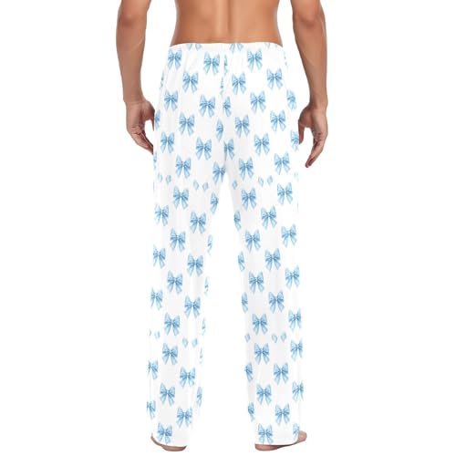 Men's Watercolor Blue Bows Pajama Pants with Pockets - Straight Fit Cotton Sleep Bottoms for Lounge & Nightwear#5533