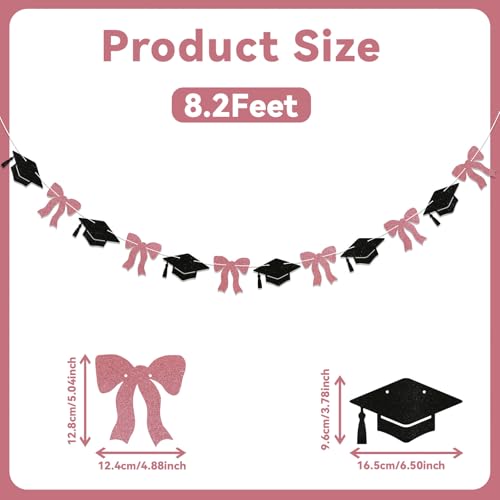 Image of Pink Graduation Decorations - Pink Bow & Graduate Cap Garland, Trendy Graduation Party Decor, 2026 Graduation Party Decorations for Girls Rose Gold Black Glitter