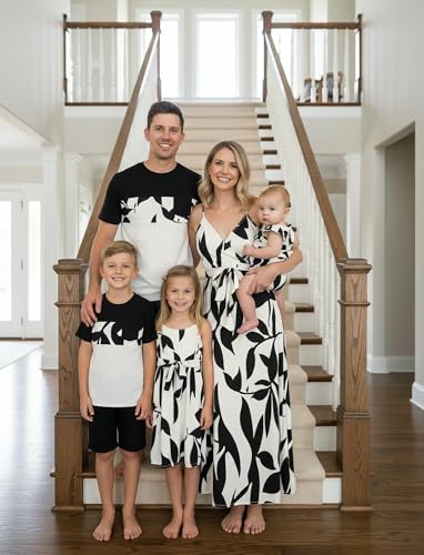 Image of PATPAT Family Matching Outfits Mommy and Me Dresses Hawaiian Tropical Vacation Beach Spaghetti Strap Dress and Shirt