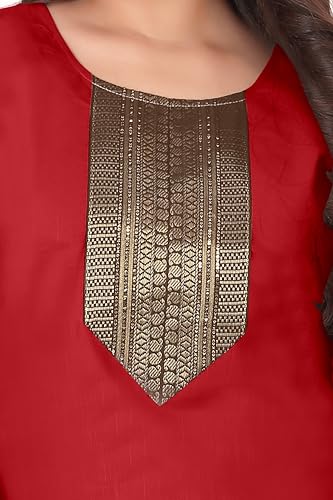Image of Elegant red Straight Kurti with Golden Embroidered Yoke, Three Quarter Sleeves and Classic Border Detailing for Festive, Office and Everyday wear