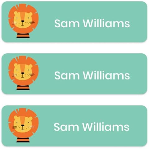 36 x No Iron Medium Personalised Stick On Waterproof Washable Name Labels Great for Clothes, School Uniform, Equipment, Shoes and Much More. School, Nursery, Day Care, Hospital - Cute Lion Cover