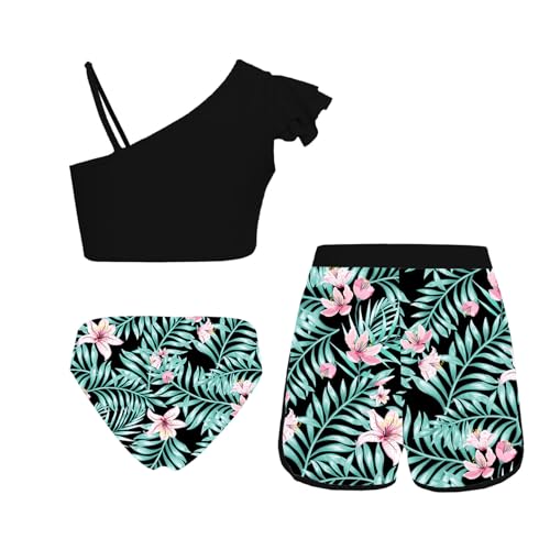 Girls Tankini Sets One Straps Ruffles Bikini Crop Top with Brief Hawaii Shorts Bathing Suits2