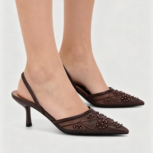 Image of Fashion Mesh Slingback Pumps Shoes for Women Ankle Strap Pointed Toe Pumps