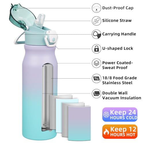 Image of BJPKPK 25 oz Insulated Water Bottle, Straw, Handle, Stainless Steel Flask | Leak Proof Locking Lid, Thermal, Double Wall Vacuum, Keeps Hot /Cold, Dishwasher Safe, Travel & Sports, Lavender Green