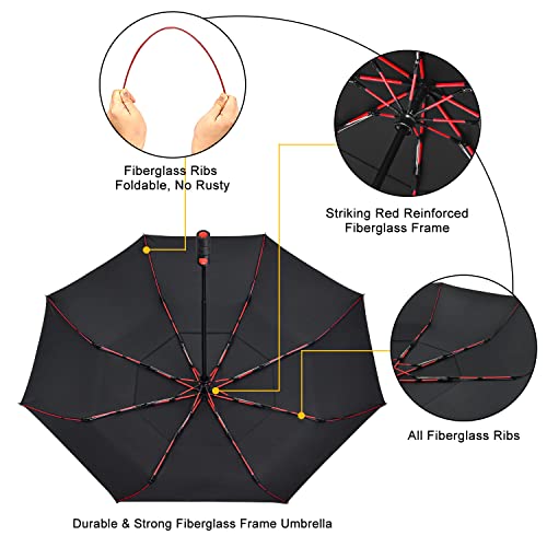 Lejorain Collapsible Umbrella Compact Travel - Portable Black Double Canopy Automatic Windproof Umbrella - Folding Striking Red Reinforced Fiberglass Frame Rain Umbrellas For Adults #TOP2