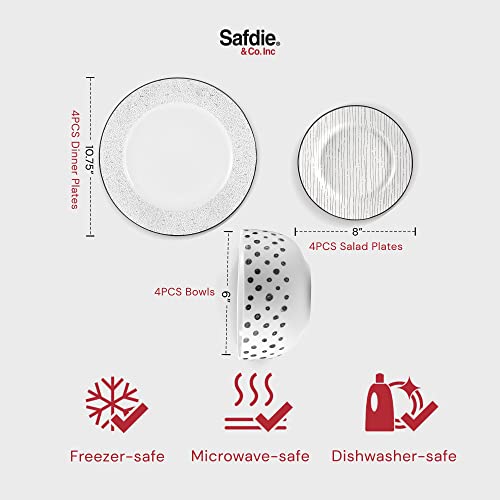 Safdie & Co. - Black & White Sketch Plates And Bowls Sets, Modern Dinnerware Set, Kitchen Dinnerware Sets, Indoor And Outdoor Plates, 12-Piece Kitchen Plates And Bowls Set, Dishwasher Safe #TOP4