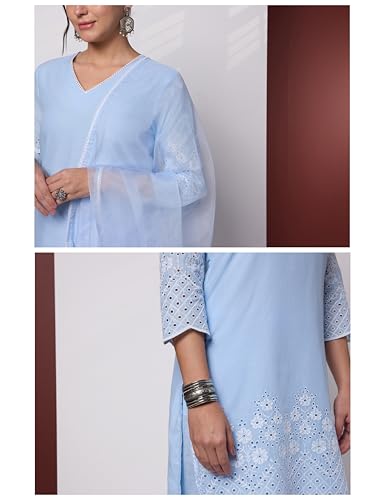 Image of Amazon Brand - Myx Women's Pure Cotton Schiffli Embroidered Kurta Set with Dupatta (Available in Plus Sizes)