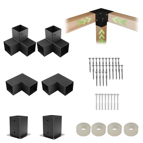 Juego completo de conectores de esquina, pérgola, 100 x 100 mm, postes de madera, juego de toldo para terraza para jardín y terraza (4 + 2 unidirecciones)