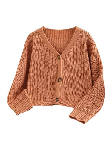 OYOANGLE Girl's Button Up Cardigan Sweater Long Sleeve V Neck Soft Knit Cropped Cardigans