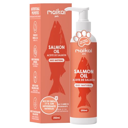MAIKAI Aceite de Salmón 100% Natural para Perros y Gatos 250 ml Rico en Omega 3 6 y 9 Que Refuerza Articulaciones Sistema Inmune y Piel Sana – Pelo Brillante y Más Vitalidad
