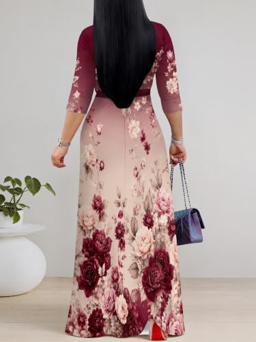 Image of Women's V Neck Floral Maxi Dress 3 /4 Sleeve Plus Size Boho Wrap Flowy Long Dresses with Belt