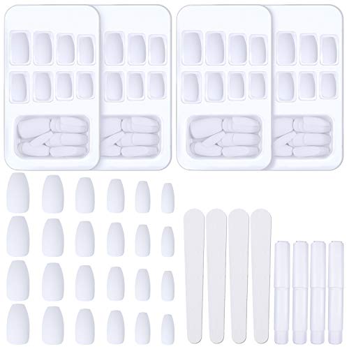 96 Pieces White Matte Fake Nails Full Cover Coffin False Nails French Artificial Nails with 4 Pieces Nail Glue 4 Pieces White Nail Files for Women Girls