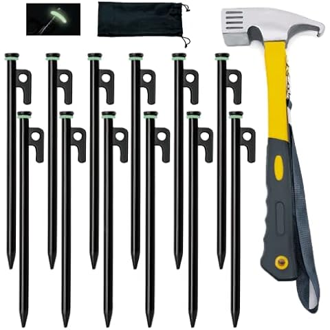 Tialero 8/12/16Pack Tent Stake with Hammer, 8/10/12/16in Heavy Duty Tent Stakes + 10in Tent Stakes Hammer+Storage Pouch, Forged Steel Tent Stakes Used on Rocks (12 Pack 10in Tent Stakes+Hammer) Cover