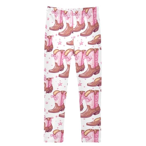 Brown Cowgirl Boots Pink Bows Girls Leggings Kids Yoga Pants Dance Active Tights 4T