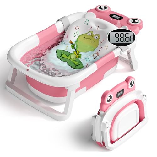 Image of BUNWAG Baby Bathtub, Collapsible Newborn Bathtub for Infant to Toddler 0-24 Months with Soft Bath Net,Portable Travel Newborn Tub with No-Slip Feet, Baby Shower Gifts, Rose Pink