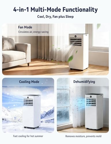 Image of 8000BTU Portable AC, 4-in-1 350 Sq. Ft, Quiet for rooms | Quiet 8000BTU AC cools 350sq.ft, 4-in-1 cool /fan /dry /sleep, remote, timer, LED, window kit, for bedroom /office /dorm.