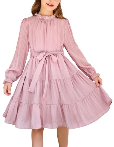 Arshiner Girls Long Sleeve Dress Tween Fall Formal Party Holiday Midi Tiered Flowy Swing Dresses with Belt 5-13 Y