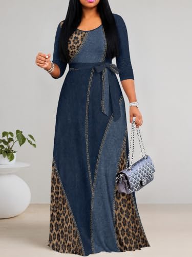 Image of Women's V Neck Floral Maxi Dress 3 /4 Sleeve Plus Size Boho Wrap Flowy Long Dresses with Belt