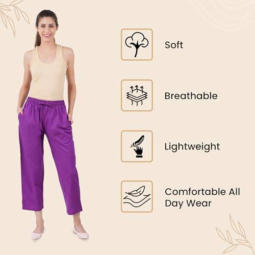 Image of Happy Bunny Parallel Pants for Women 100% Cotton Ankle Length Trousers Regular Fit with Elastic Drawstring Stylish & Pockets Casual Formal Wear for Office & Home