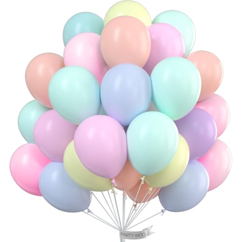 Image of PartyWoo Pastel Balloons 66pcs 12 Inch Pastel Rainbow Latex Balloons for Baby Shower Gender Reveal Engagement Bachelorette Easter Bridal Shower Anniversary Retirement Birthday Party Decorations