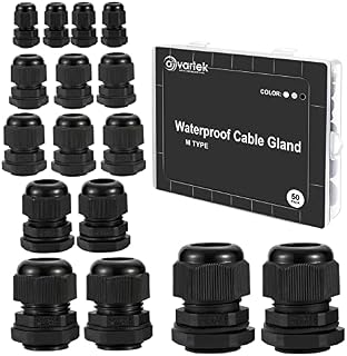 50 Pack Waterproof Cable Glands Adjustable 3-16mm Cable Connectors M12 M16 M18 M20 M22 M24 Plastic Cable Glands Connectors with Locknut and Washer - AVARTEK (Black)