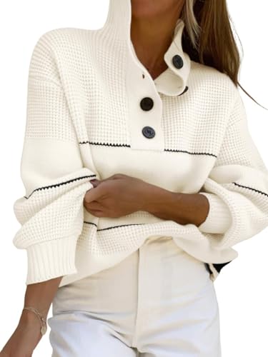 utcoco Womens 2025 Waffle Knit Sweater Striped Knit Tops Polo Collared Long Sleeve Pullover Sweaters2