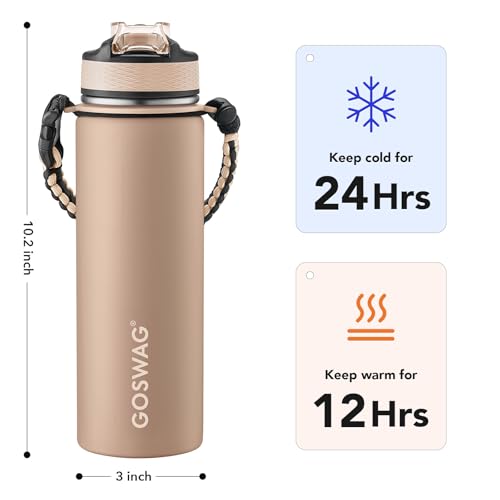Image of GOSWAG 24oz Insulated Stainless Steel Travel Water Bottle, 2 Lids | with straw and no straw, Paracord handle, Double-wall vacuum keeps drinks cold or hot, Leakproof tumbler