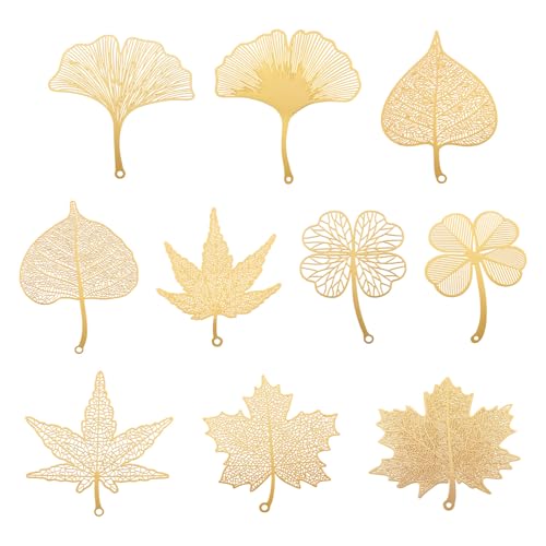 KISSITTY 20 dijes de hoja de filigrana de latón chapado en oro de 18 quilates, adornos de metal grabados a granel, adornos de hoja de filigrana hueca de oro claro, dijes colgantes para pulseras