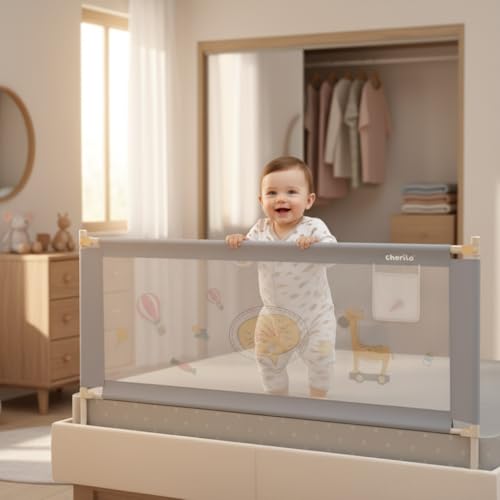 Image of Cherilo Bed Railing for Baby Safety - Foldable & Height Adjustable Railing for Safety, 180cm x 73cm Side Protector, Collapsible Baby Bed Protector Side Walls - Grey (Pack of 1)