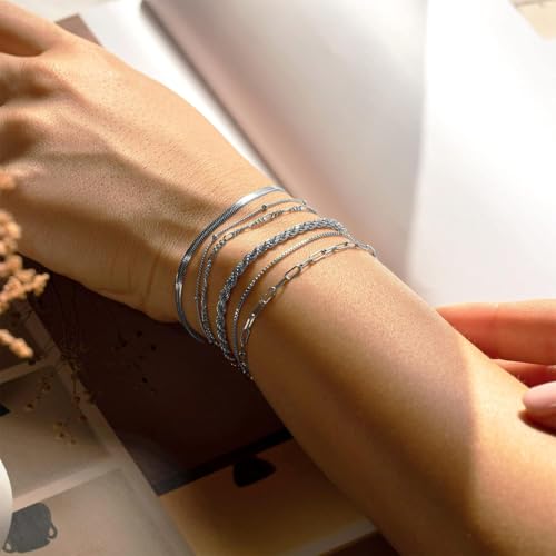 Image of VAMA FASHIONS 6 Pcs Elegant 18K Silver Plated Adjustable Hand Bracelets Paperclip Rope Snake Figaro Herringbone Beads Chain Combo Set for Women & Girls