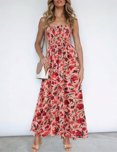 Image of ZESICA Women's Summer Boho Strapless Maxi Dress 2026 Casual Off Shoulder Smocked Flowy A Line Beach Holiday Long Dresses