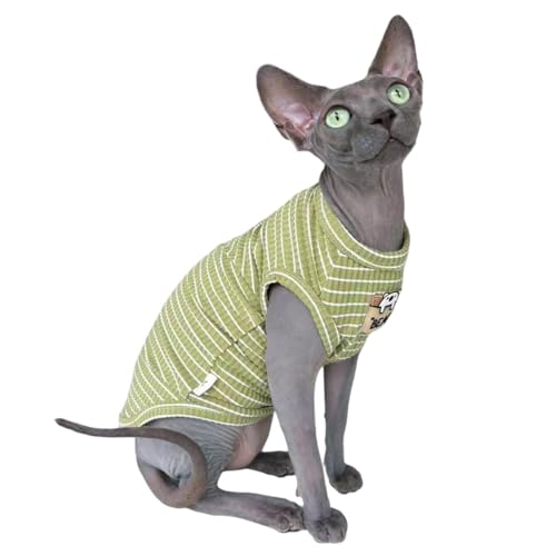 Sphynx Cat Clothes Vest for Hairless Cat, Rib Knit Stripe Cats T-Shirt Apparel, Kitten Summer Cotton Shirts Sleeveless for Cornish Rex, Devon Rex, Peterbald (Green, XL (10-14 lbs))