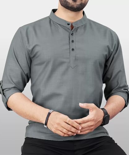 Image of DEEMOON Men's Regular Fit Solid Sprad Collar Casual Shirt with a Trendy Mandarin Collar Crafted from a Premium Cotton Blend