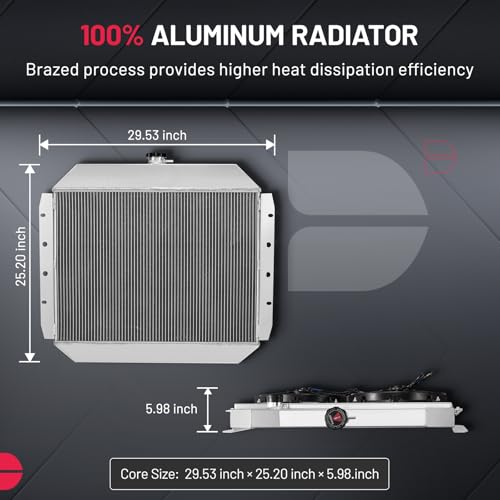 Image of BDFHYK CU433 3-Row 44mm Aluminum Radiator with Fan and Thermostat Switch for Ford Bronco F-100 F-250 1968-1979, for Ford F-150 F-350 1975-1979, for Ford F-500 1976, Replaces SBR433 CC433 CU132