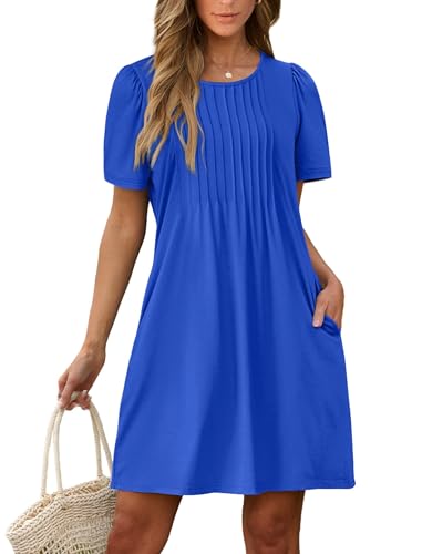 Image of SAMPEEL Womens Pleated Front Summer Dresses Casual Short Sleeve T Shirts Dress with Pockets Vacation Beach Cover UP
