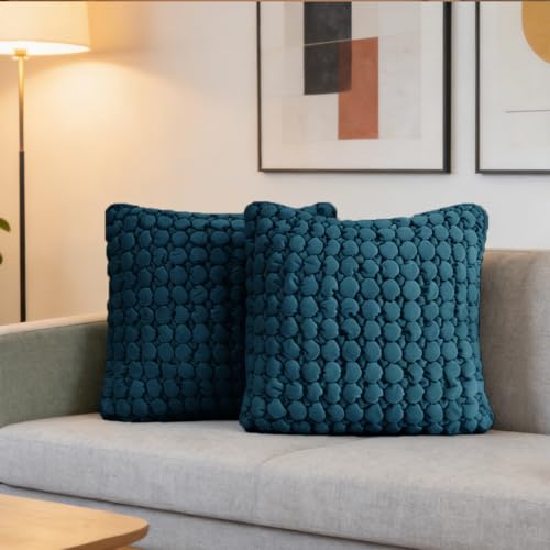 COCOPLOCEUS Throw Pillow Covers 18x18 Set of 2 Velvet Square Pillowcase Soft Skin-Friendly Thickened Decorative Farmhouse Cushion Covers Soft Bubble Texture for Couch Sofa Bedroom Living Room,Blue
