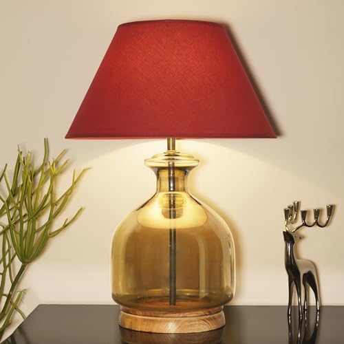 Image of Alper Smoke Luster Glass Table Lamp with Maroon Cotton Shade | Modern Designer Bedside & Living Room Decorative Table Light (Bulb Included)