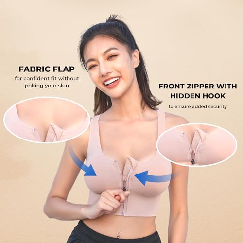 Image of PLUMBURY Women's Seamless Padded Full Coverage Front Zip Cross Back Sports Bra, Size S to XL