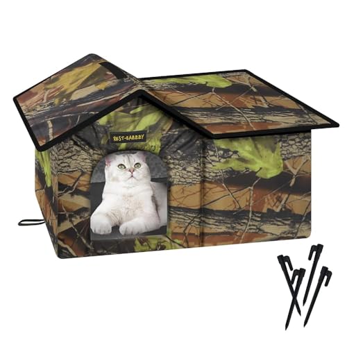 Rest-Eazzzy Cat House for Outdoor Cats, Weatherproof and Insulated Feral Cat House with Mat and Canopy, Easy to Put Together, Selfwarming Cat Shelter for Winter(13 * 13 * 14" Black with Supp