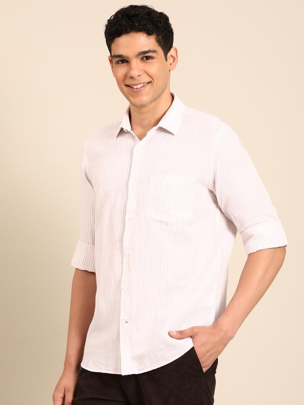 Image of Linen Club Men's Linen Rich Pink Striped Contemporary Fit Full Sleeve Casual Shirt