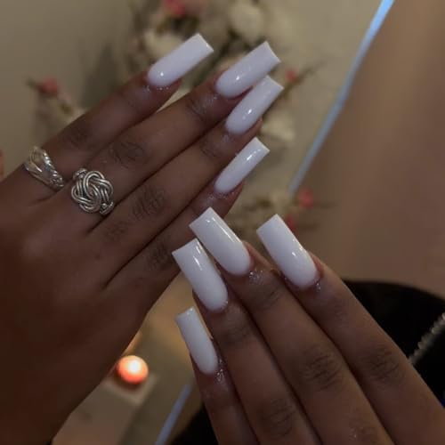 BABALAL Press on Nails Long Square Solid White Glossy Fake