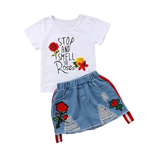 Toddler Baby Girl Clothes Solid White Short Sleeves Letter Print T-Shirt Top+Rose Print Ripped Denim Skirt 2PCS Outfit Set