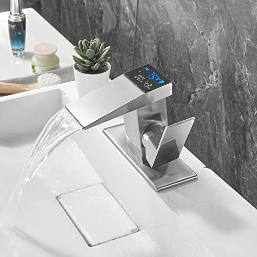 Loopan Led Bathroom Sink Faucet 1 Hole 1 Handle Faucet Waterfall Temperature Display Brushed Nickel Hydraulic Power, Bathroom Sink Mount Vanity Faucet Lead-Free Commercial Residential #TOP6