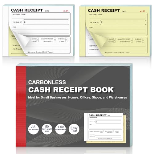 1 Pack Receipt Book A6 Cash Receipt Book Duplicate Numbered 1-50 per Book 52gsm Carbonless NCR Invoice Book Microperforated Tear Out for Self Employed Small Business Home Office Charity Shop Warehouse