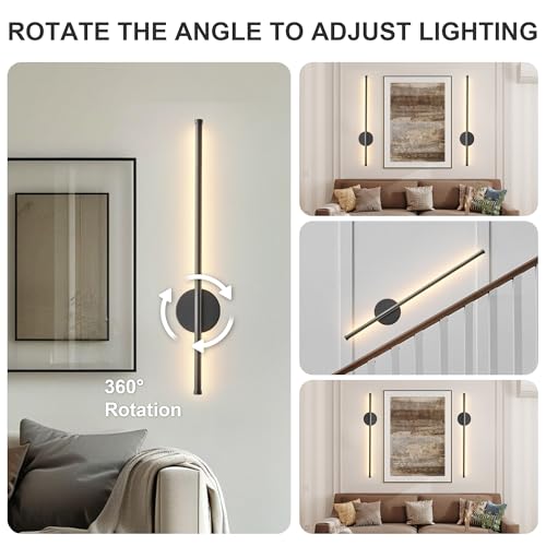 Image of Battery Operated Modern Wall Sconces Set of Two,Rechargeable Wireless Wall Lights with Remote Control,Dimmable,3CCT,Timer,360Rotation,Cordless Lighting for Bedroom,Living Room,Hallway,Black,23.6 Inch